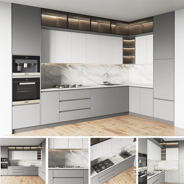 Modern Kitchen White Cabinets With Marble Countertop And Built in Appliances Wooden Floor 3d model 