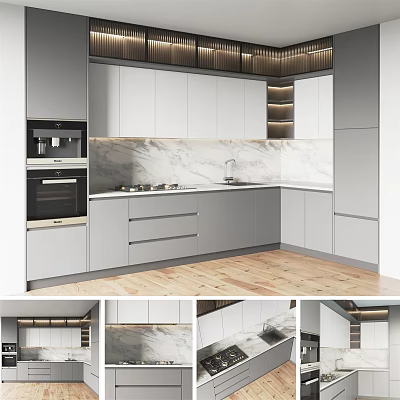 Modern Kitchen White Cabinets With Marble Countertop And Built in Appliances Wooden Floor 3d model