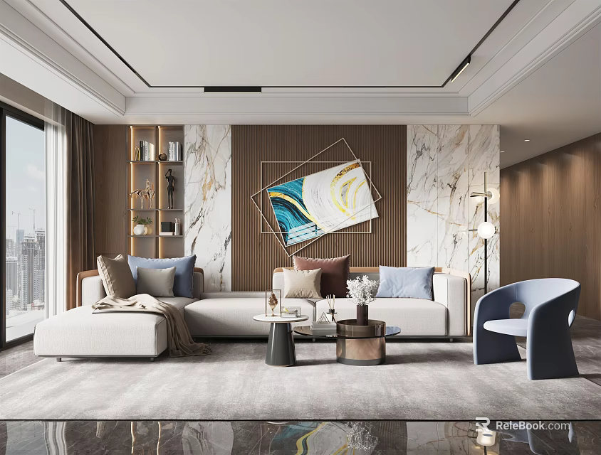 Modern Living Room Interior Design With Sectional Sofa Abstract Art And Marble Accent Wall 3d model 