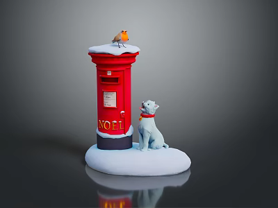 Red Postbox With Snowy Top And Bird Next To White Dog Wearing Collar 3d model
