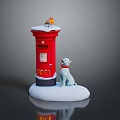 Red Postbox With Snowy Top And Bird Next To White Dog Wearing Collar