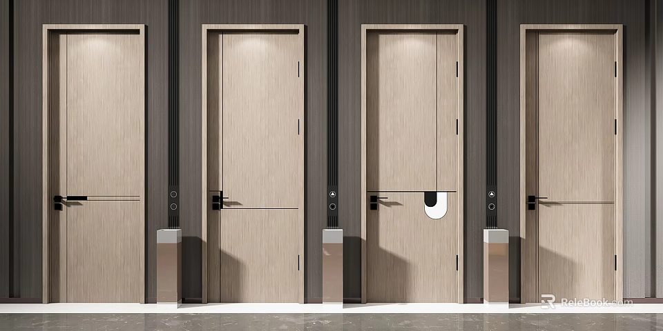 Modern Light Wood Swing Doors With Dark Frames And Black Handles 3d model 