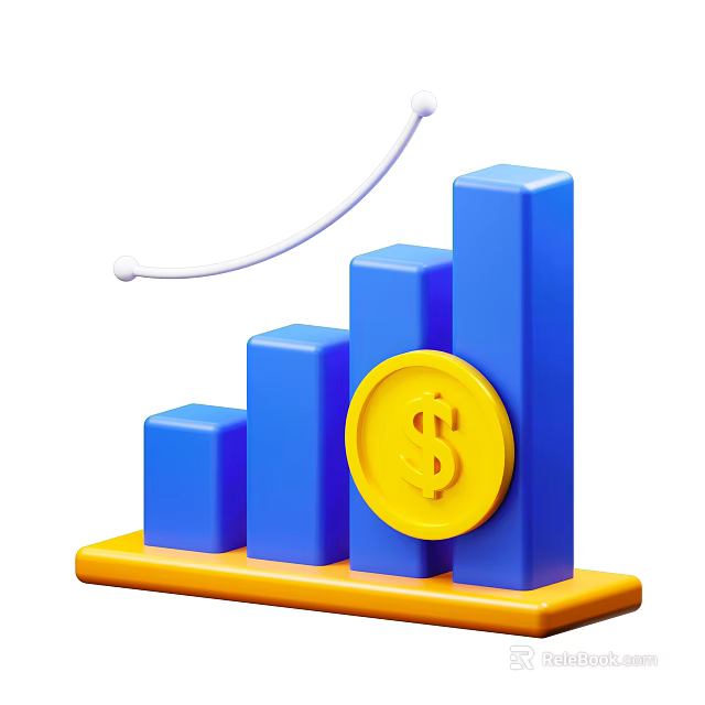 Rising Trend Decorative Ornament Set With Blue Bar Chart Yellow Dollar Coin And Orange Base 3d model 