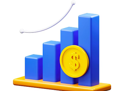 Rising Trend Decorative Ornament Set With Blue Bar Chart Yellow Dollar Coin And Orange Base 3d model