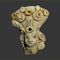 Handcrafted Ceramic Sculpture With Flower Shaped Ornaments Circular Rings And Yellow Accents