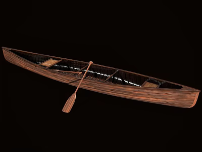 Classic Traditional Wooden Boat With Long Narrow Hull And Wooden Paddle 3d model