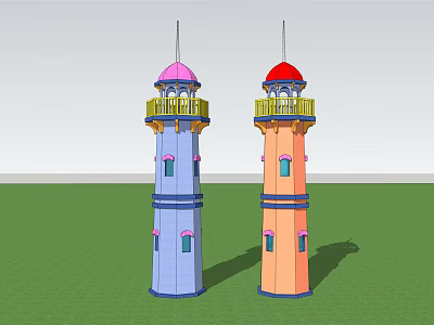 Two Colorful Towers with Blue Orange Bodies Pink Red Domes and Yellow Decorative Details 3d model