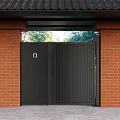 Modern Black Metal Entrance Gate With Red Brick Walls Tile Roof And Green Trees