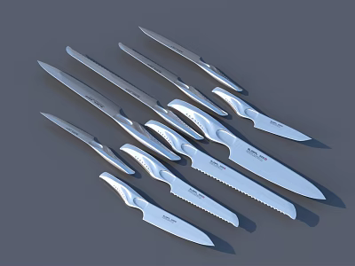 Silver Kitchen Knives With Various Sizes And Shapes Arranged On Gray Background 3d model