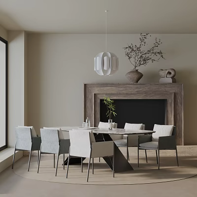 Modern Dining Table Set With Upholstered Chairs Fireplace Decor And Pendant Light 3d model