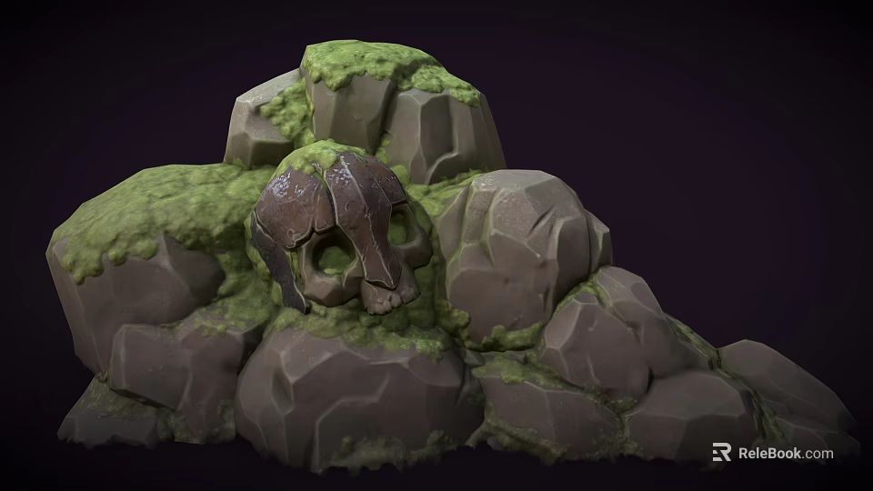 Cartoon Style Prehistoric Scene With Moss Covered Rocks And Skull In Rocky Formation 3d model 