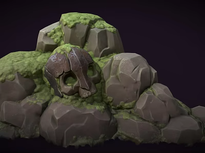Cartoon Style Prehistoric Scene With Moss Covered Rocks And Skull In Rocky Formation 3d model
