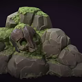 Cartoon Style Prehistoric Scene With Moss Covered Rocks And Skull In Rocky Formation