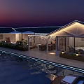Waterfront Boutique Hotel Building With Modern Design Night View And Dock Boats