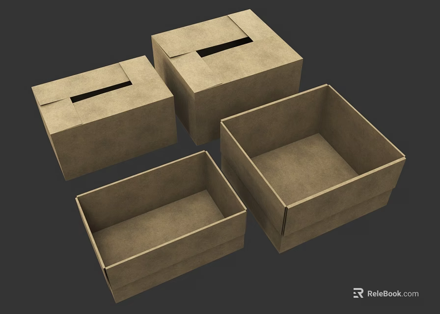 Set of Four Brown Cardboard Boxes with Lids and Open Empty Containers 3d model 