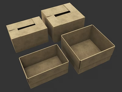 Set of Four Brown Cardboard Boxes with Lids and Open Empty Containers 3d model