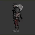 Man Wearing Dark Armor With Hat Cloak And Red Bladed Weapons