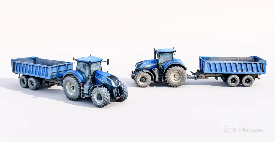 Two Blue Functional Tractors With Trailers For Agricultural Hauling Tasks 3d model