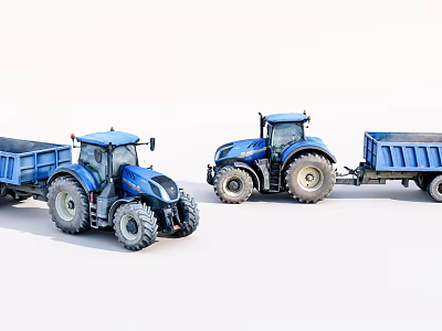 Two Blue Functional Tractors With Trailers For Agricultural Hauling Tasks 3d model
