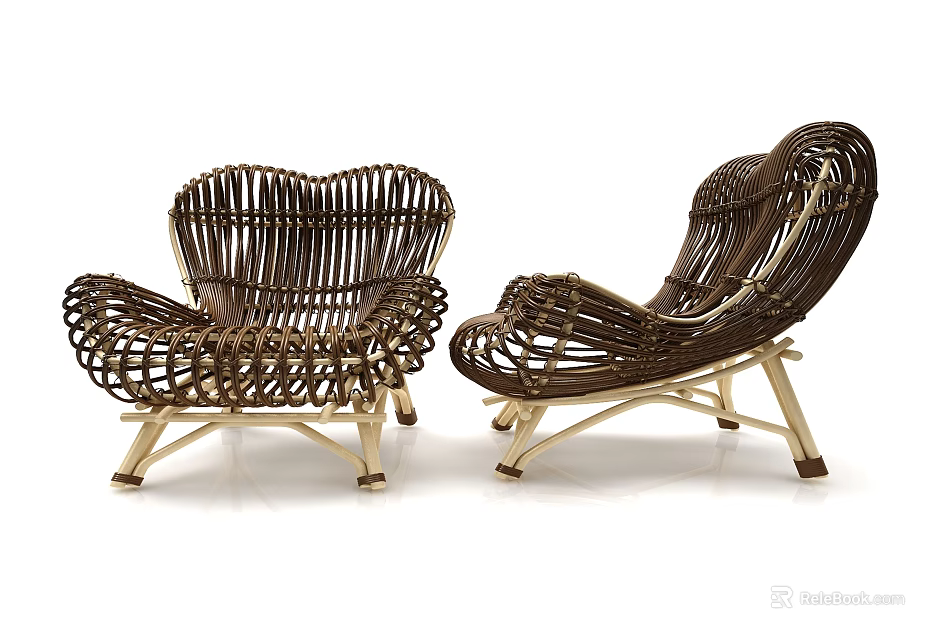 Two Dark Brown Rattan Woven Leisure Chairs With Unique Curved Design And Light Legs 3d model 