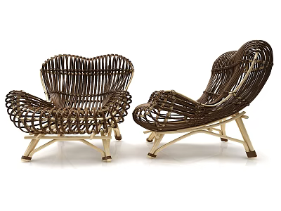 Two Dark Brown Rattan Woven Leisure Chairs With Unique Curved Design And Light Legs 3d model