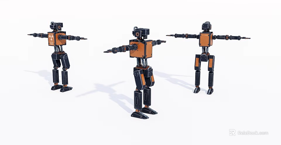 Three Smart Robots With Black And Orange Bodies In Standing Pose With Extended Arms 3d model 