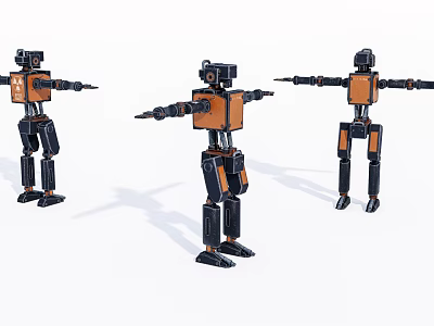 Three Smart Robots With Black And Orange Bodies In Standing Pose With Extended Arms 3d model