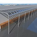 Curved Glass Canopy For Outdoor Walkway With Wooden Bench And Scenic View