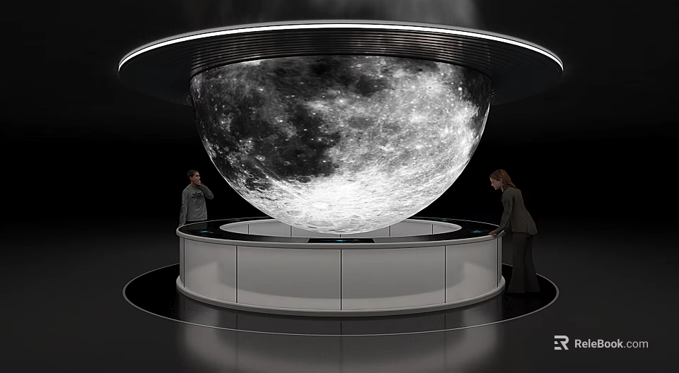 Circular Display Shelf with Large Moon Model and People Interacting in Exhibition 3d model