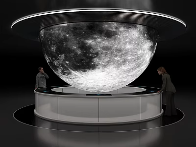 Circular Display Shelf with Large Moon Model and People Interacting in Exhibition 3d model