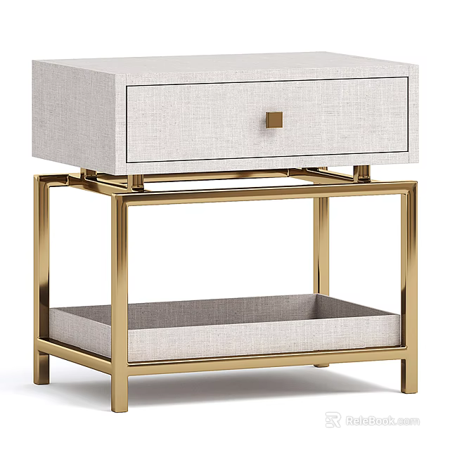 Modern Bedside Table With Gold Metal Frame Linen Drawer Gold Knob And Lower Shelf 3d model 