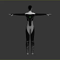 Humanoid Character 3D Model With Black White Bodysuit Green Triangle Logo Outstretched Arms Standing Pose