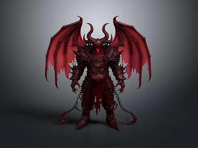 Fiery Red Demon Character With Large Wings Horns Armor And Chains 3d model