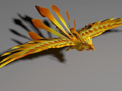 Flying Phoenix With Orange Yellow Feathers Long Tail Feathers And Spread Wings Against Gray Background 3d model