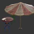 Outdoor Patio Furniture Set With Round Wooden Table Chairs And Red White Striped Umbrella