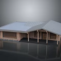 Modern Wooden Building Structure With Sloped Roof Supporting Columns And Glass Windows
