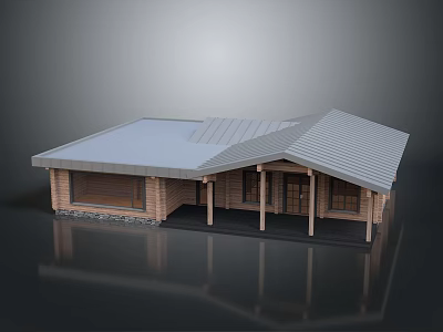 Modern Wooden Building Structure With Sloped Roof Supporting Columns And Glass Windows 3d model