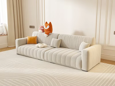 Soft Beige Multi Seater Sofa With Vertical Stripes Decorative Pillows And Stuffed Toys In Living Room 3d model