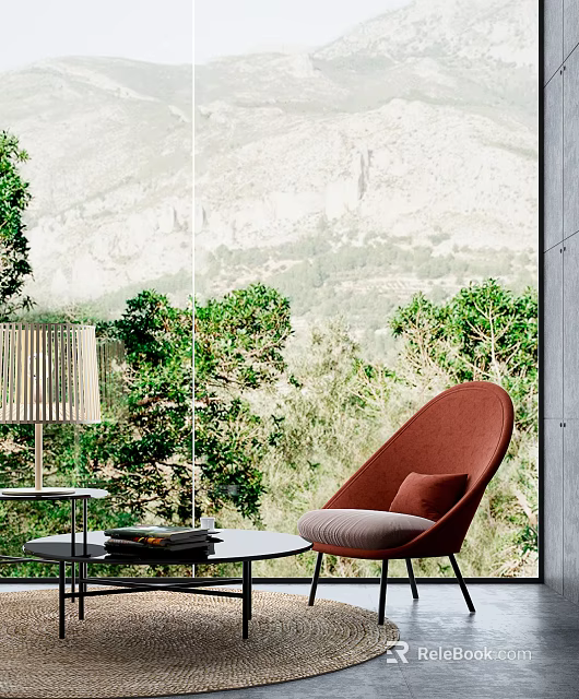 Terracotta Accent Chair with Green Trees Mountain View and Glass Wall Coffee Table 3d model 