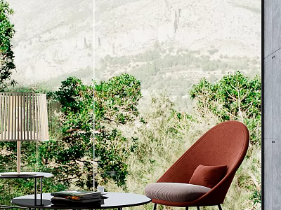 Terracotta Accent Chair with Green Trees Mountain View and Glass Wall Coffee Table 3d model