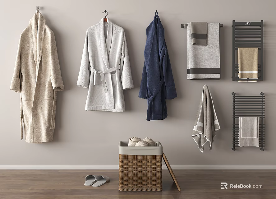 Bath Robes And Towels Hanging On Wall With Wicker Basket And Slippers 3d model 