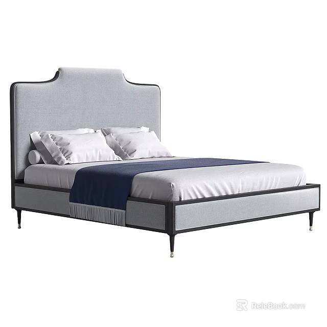 Modern Double Bed With Gray Upholstered Headboard White Sheets And Navy Blue Throw 3d model