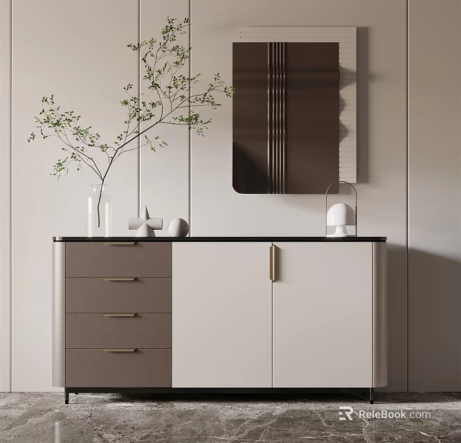Modern Entryway Side Cabinet With Gray White Design And Mirror Vase Decor 3d model 