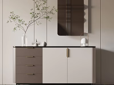 Modern Entryway Side Cabinet With Gray White Design And Mirror Vase Decor 3d model