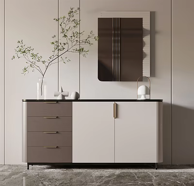 Modern Entryway Side Cabinet With Gray White Design And Mirror Vase Decor 3d model