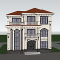Two Story European Style Detached Villa With White Exterior Black Roof And Arched Windows