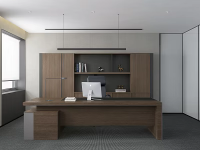 Modern Office Interior Design With Wooden Desk Bookshelf Computer And Pendant Lights 3d model