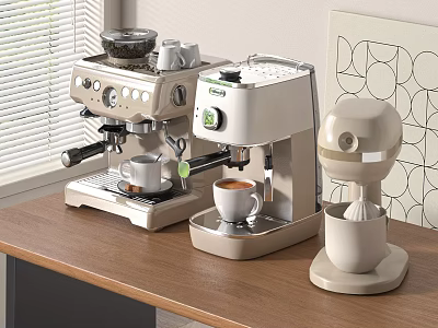 Modern Kitchen Appliances Coffee Machine And Juicer On Wooden Countertop With Window Blinds And Geometric Art 3d model