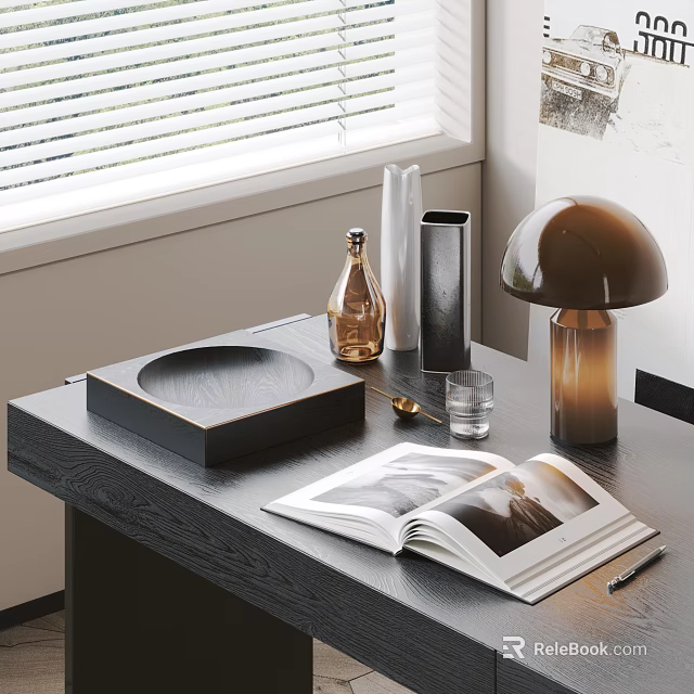Mushroom Shaped Brown Table Lamp On Desk With Open Book Tray And Glass Bottles 3d model 