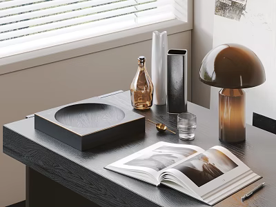 Mushroom Shaped Brown Table Lamp On Desk With Open Book Tray And Glass Bottles 3d model